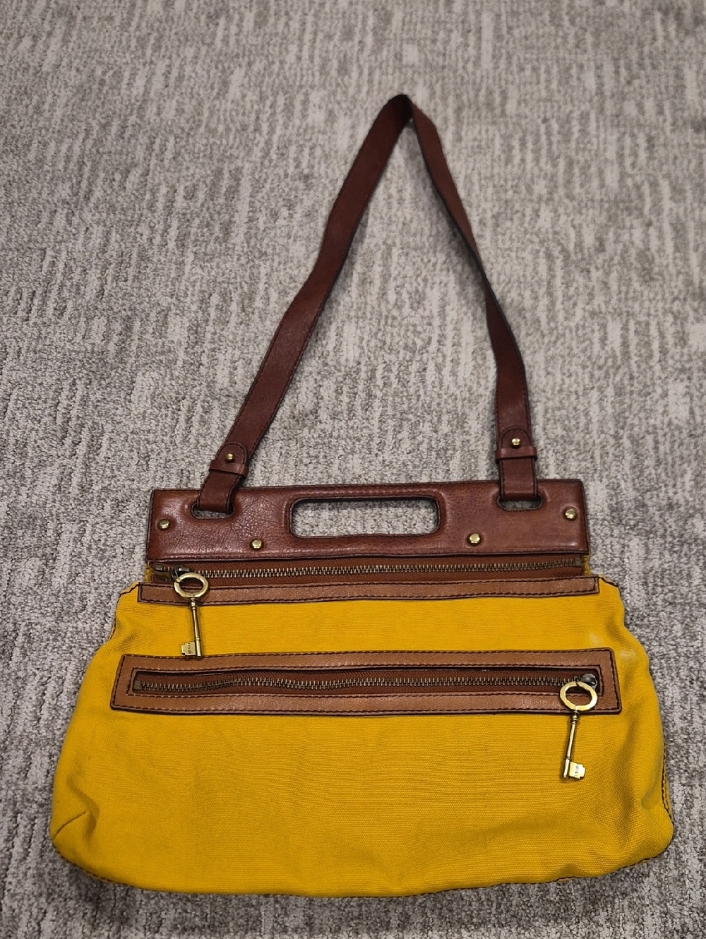 Fossil Yellow Canvas & Brown Leather-Trim Shoulder Bag